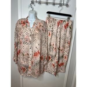 What If....? Women's 100% Silk 3-pc Tank/Blouse/Crop Pants Set Floral~ Size L/XL
